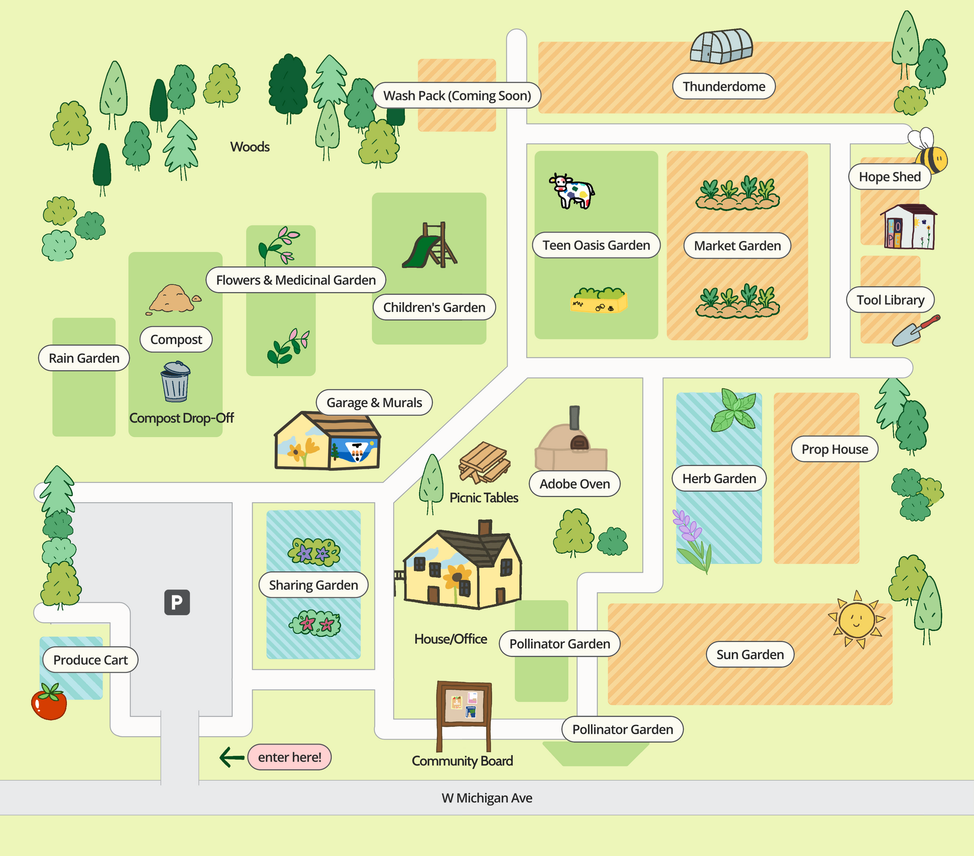 A map of a park with lots of trees and buildings.