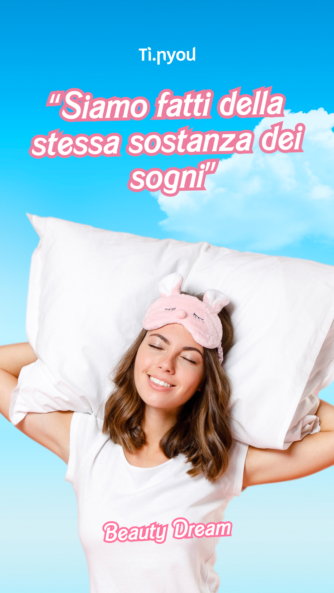 a woman wearing a sleep mask is laying on a white pillow