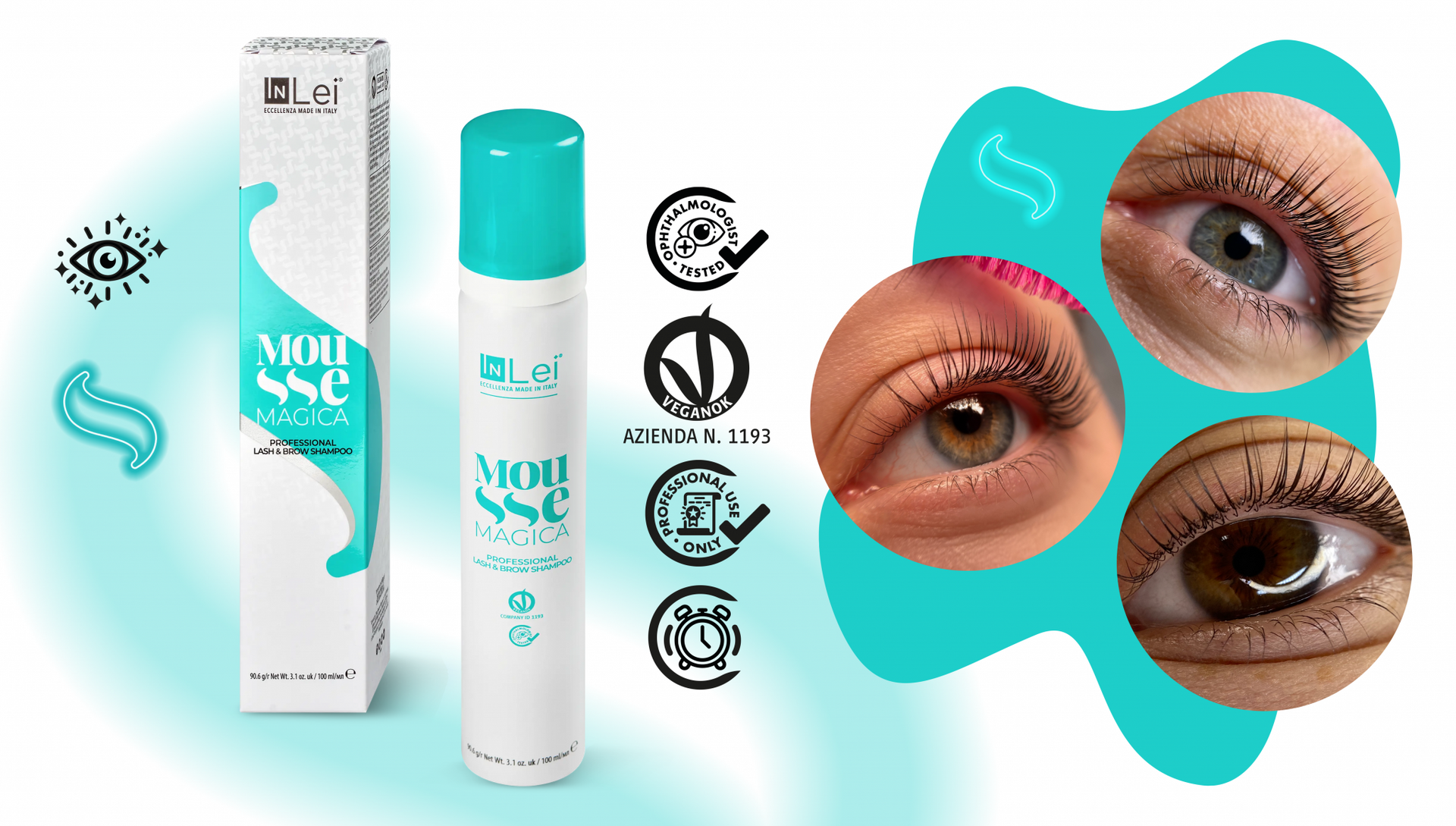 A bottle of mascara next to a picture of a woman 's eyes.