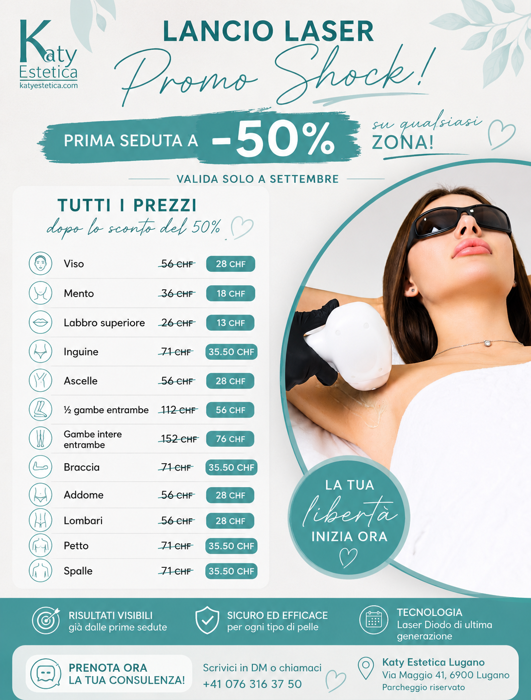 Laser hair removal promo poster in teal and white, with service list, prices, and 50% off offer.