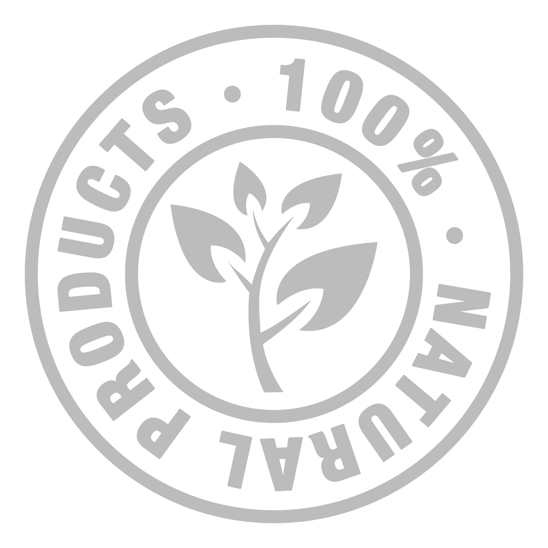 A stamp that says `` products 100 % natural '' with a plant in the center.