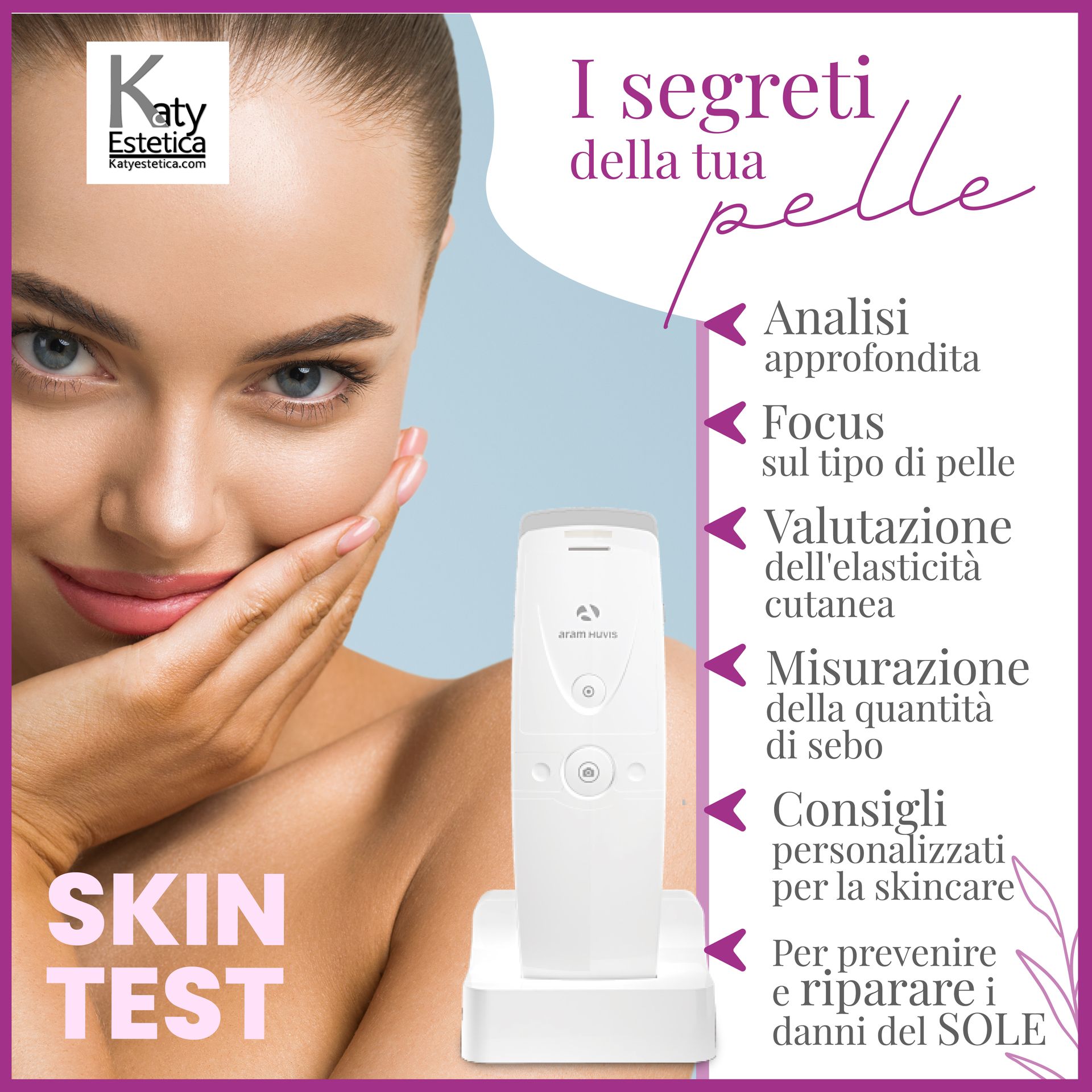 An advertisement for a skin test shows a woman with her hand on her face