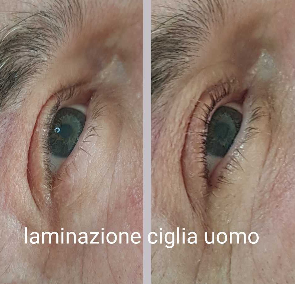 Una foto prima e dopo dell'occhio di un uomo con la didascalia laminazione ciglia uomo