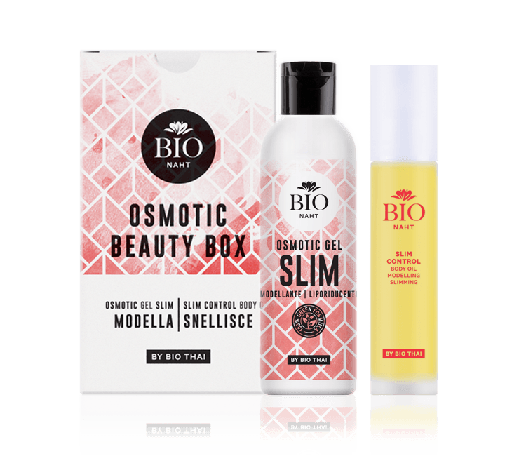 Una scatola con una bottiglia di slim e una bottiglia di osmotic beauty box