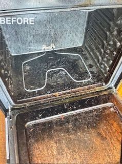 Dirty oven interior with food residue, including the heating element, before cleaning.