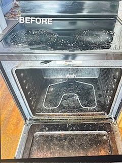 Dirty oven interior and stovetop; 
