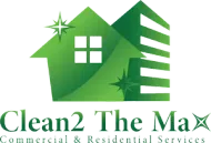 Green logo: house and building outline, "Clean2 The Max" text, sparkle accents.