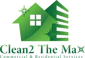 Green logo: house and building outline, "Clean2 The Max" text, sparkle accents.