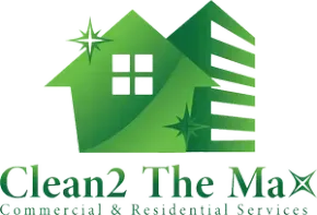 Green logo: house and building outline, "Clean2 The Max" text, sparkle accents.