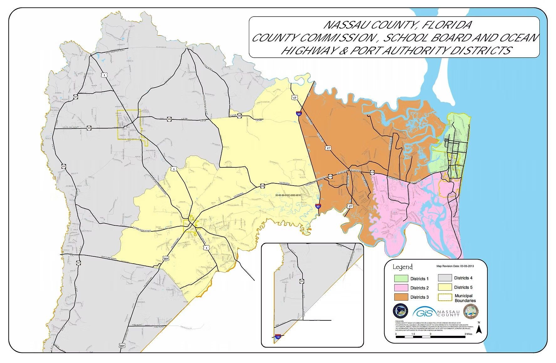 Map of Nassau County, Florida, County Commission, School Board and Ocean Highway & Port Authority districts.