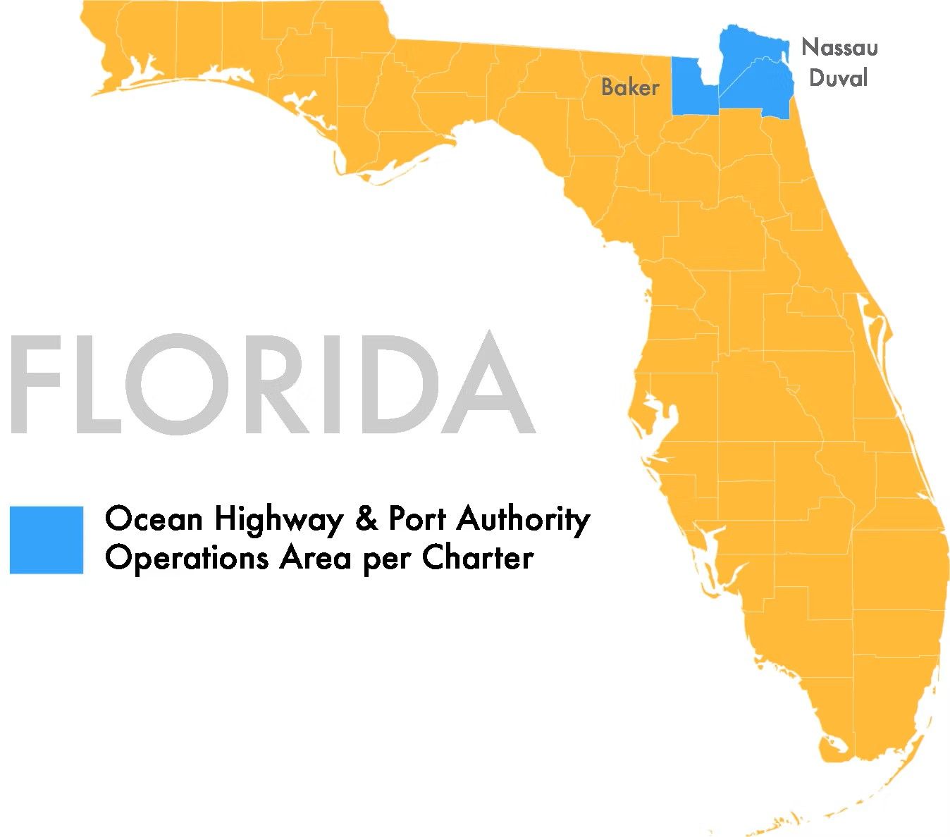 Map of Florida with Baker, Nassau, and Duval Counties marked as 'Ocrean Highway & Port Authority Operations Area per Charter