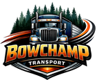Logo for Bowchamp Transport featuring a blue semi-truck driving in front of a forest, with orange and black accents.