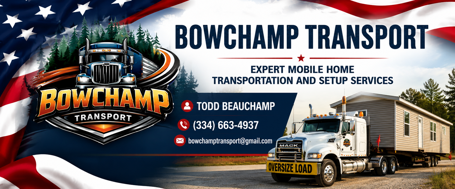 Bowchamp Transport banner with truck, moving logo, and text for expert mobile home transportation and setup services