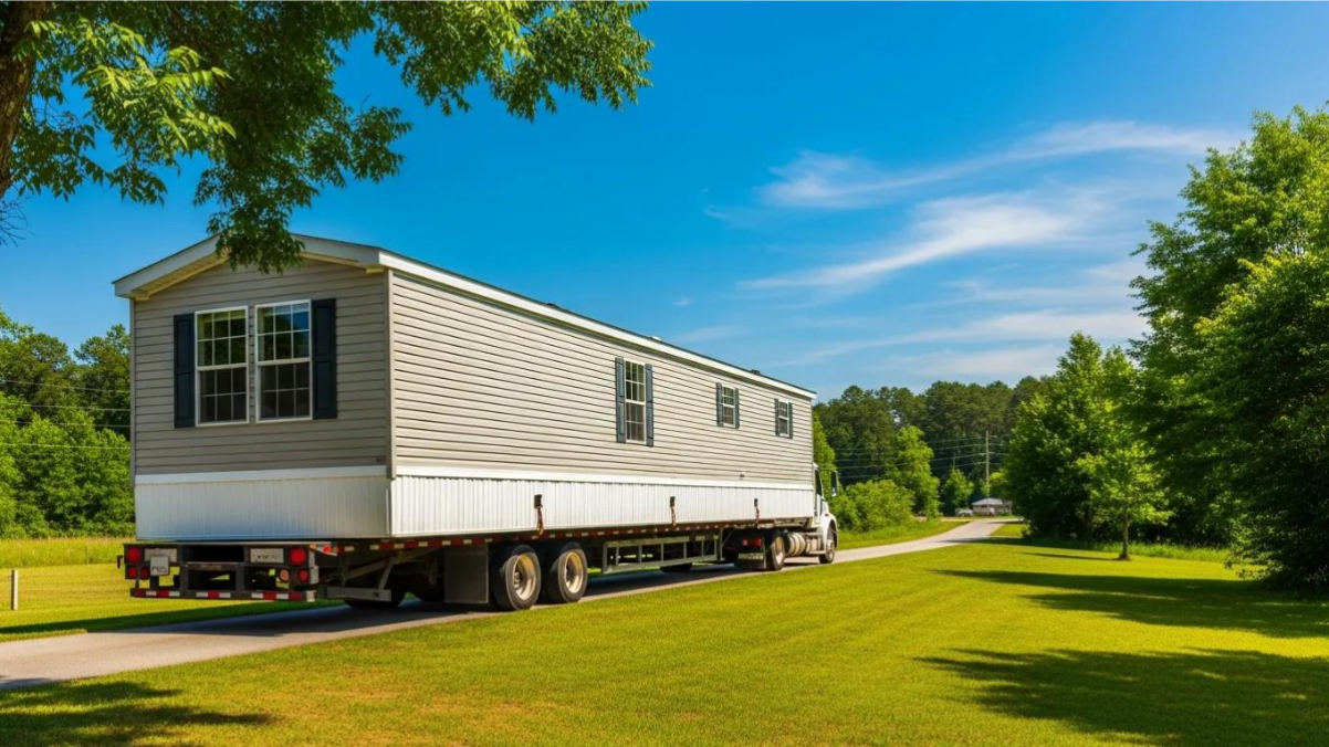 Mobile home on wheels parked on a grassy lawn under a blue sky