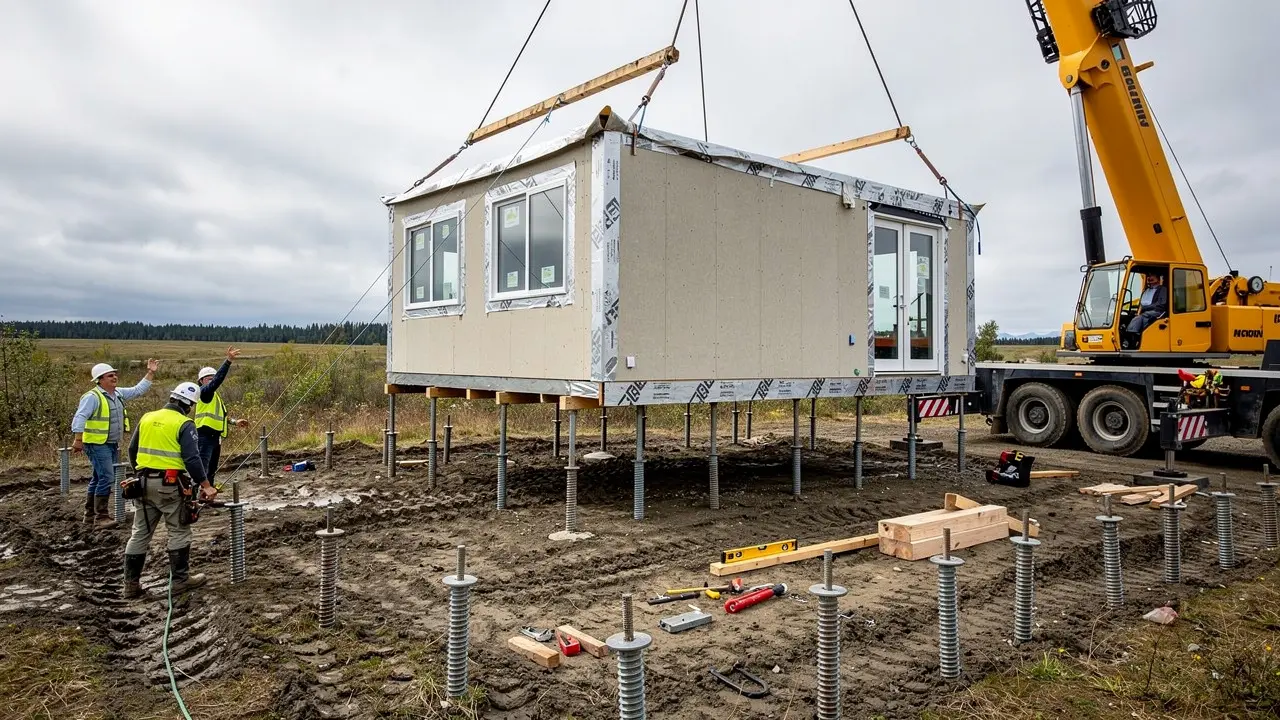 Construction workers using a crane to position a modular building section on adjustable foundation