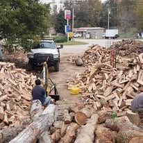 Man near a truck and wood pile. He's working with firewood outdoors.