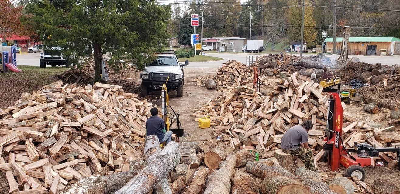 Workers stand among huge piles of chopped firewood beside a street in a wooded area.
