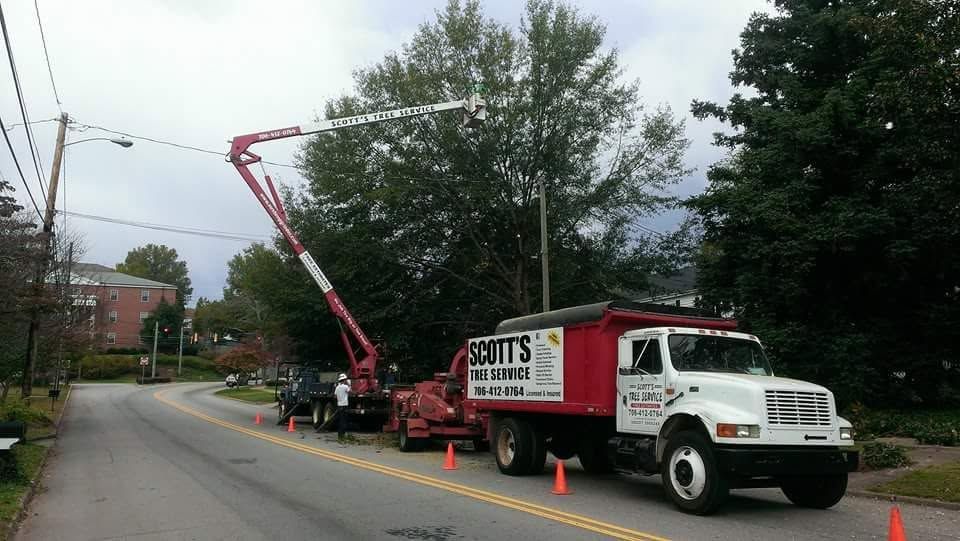 Utility truck and crane working roadside with orange cones on a tree-lined street