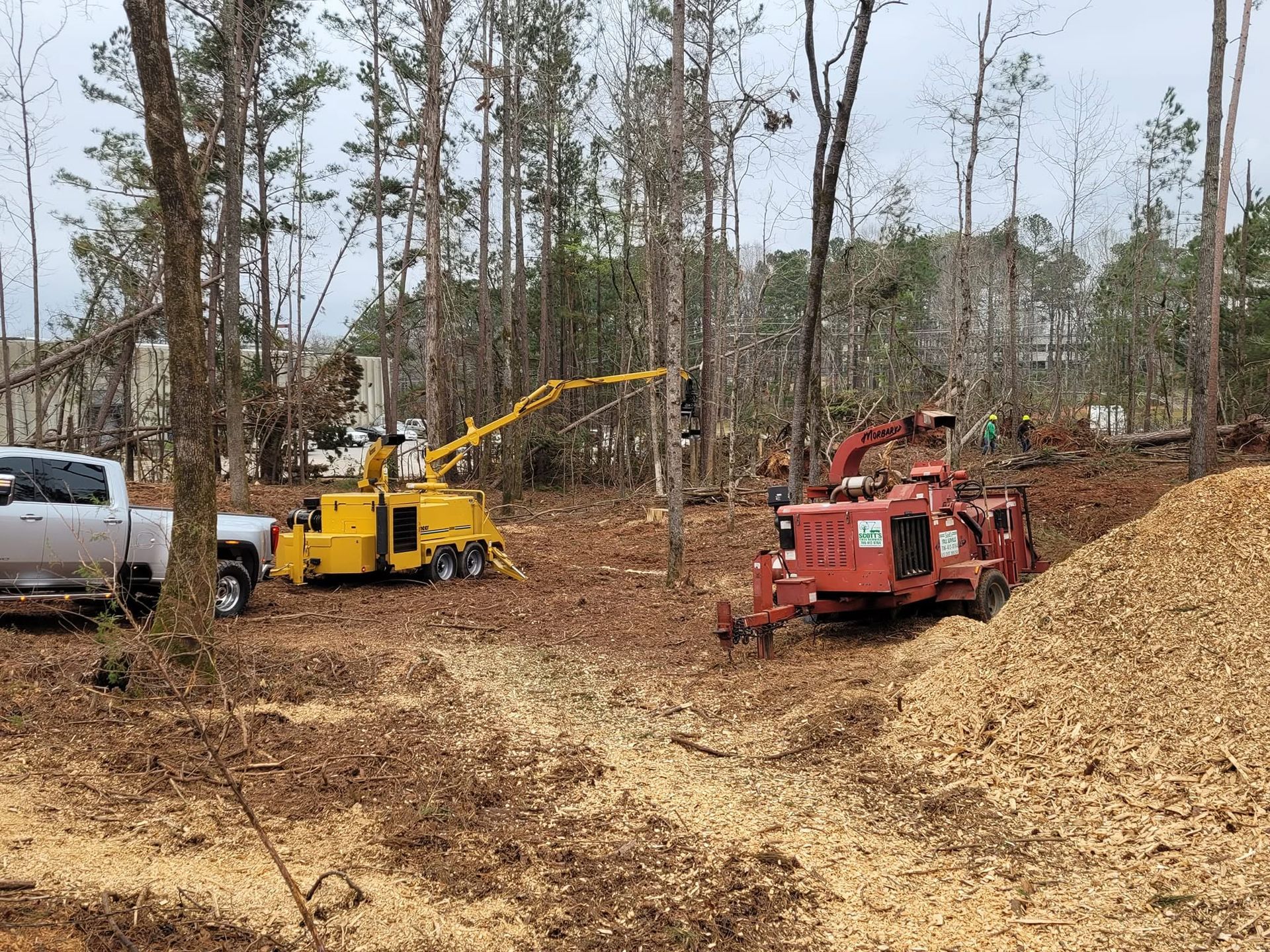 Yellow and red wood chippers at a wooded work site with a pickup truck nearby