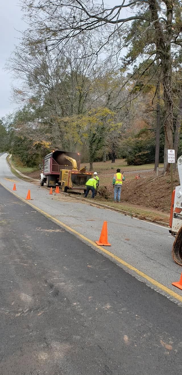 Roadside work crew near a small truck, with orange cones marking the lane on a wooded street.