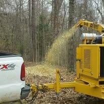 A white pickup truck towing a yellow wood chipper, processing wood and blowing mulch.