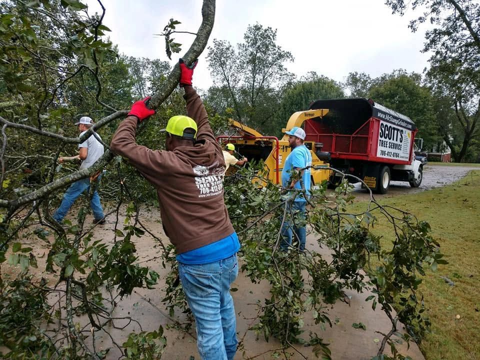 Workers clearing storm debris beside a tipped tree and utility truck on a road