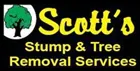 Logo for Scott's Stump & Tree Removal Services, with a green tree in a white and blue shape