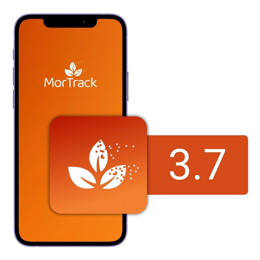 Smartphone displaying MorTrack app icon and version 3.7, all in orange tones.