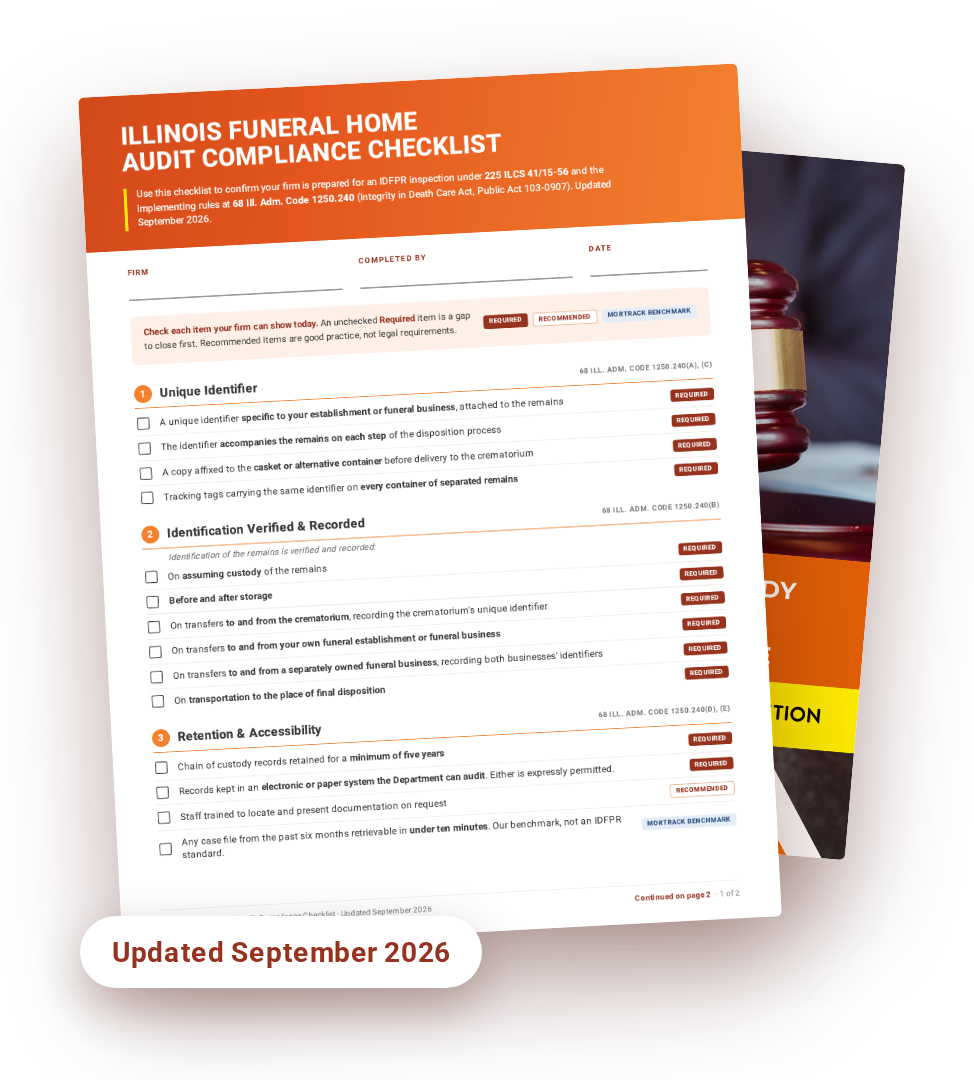 Illinois Funeral Home Audit Compliance Checklist and Illinois chain of custody guide.