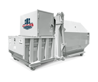 A white industrial trash compactor with a CAB logo on the side against a white background.