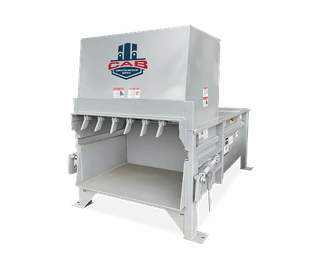 A light gray industrial waste compactor with the CAB logo on the front, showing a large loading opening.