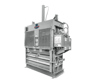 A gray industrial vertical waste baler machine for compacting cardboard or plastic materials.