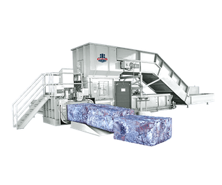 An industrial baler machine processing large, compressed bales of recycled material on a white background.
