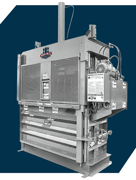 A white industrial trash compactor against a dark blue background with the CAB logo on the side.