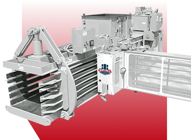 A grey industrial cardboard baler machine against a red and white gradient background.