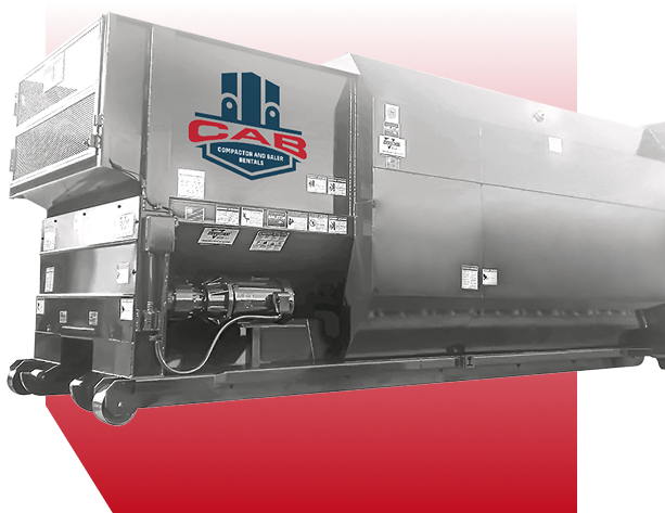 A grey industrial cardboard baler machine against a red and white gradient background.