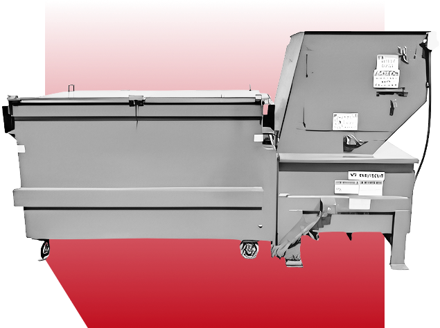 A grey industrial cardboard baler machine against a red and white gradient background.