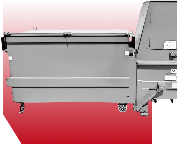 A grey industrial cardboard baler machine against a red and white gradient background.
