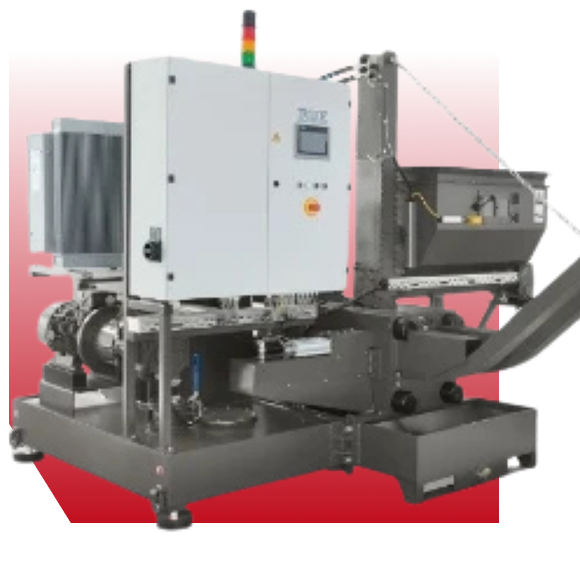 A grey industrial cardboard baler machine against a red and white gradient background.