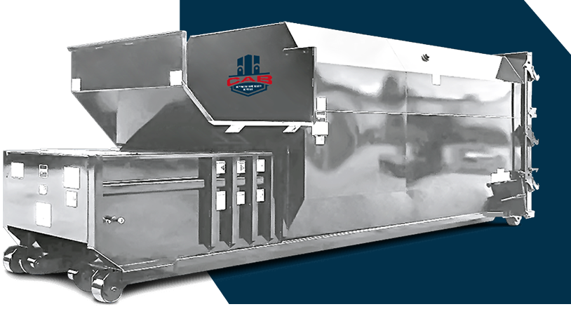 A white industrial trash compactor against a dark blue background with the CAB logo on the side.