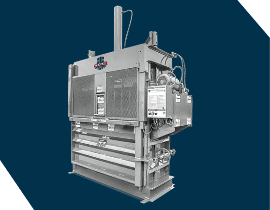 A white industrial trash compactor against a dark blue background with the CAB logo on the side.