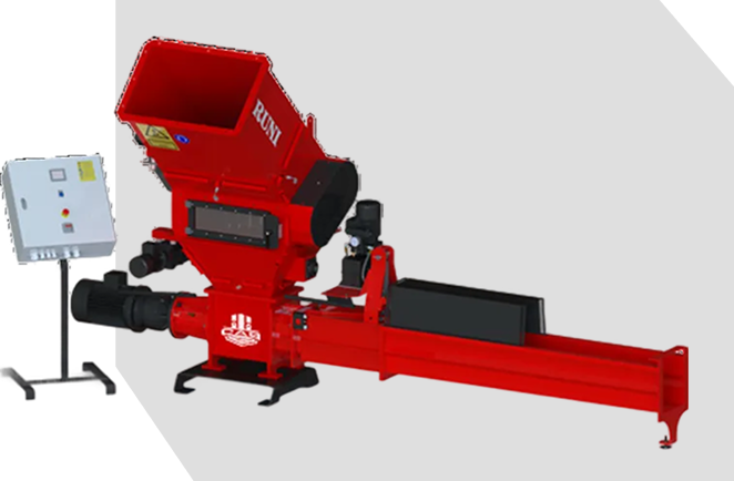 A white industrial trash compactor against a dark blue background with the CAB logo on the side.