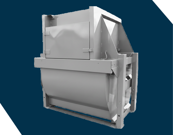 A white industrial trash compactor against a dark blue background with the CAB logo on the side.