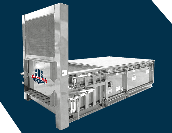 A white industrial trash compactor against a dark blue background with the CAB logo on the side.