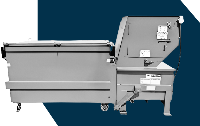 A white industrial trash compactor against a dark blue background with the CAB logo on the side.