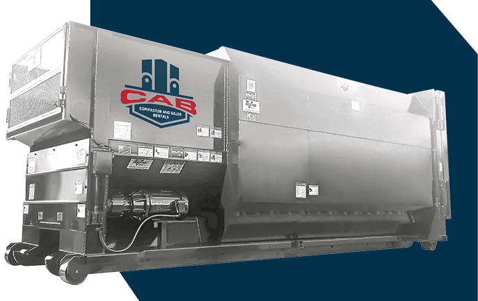 A white industrial trash compactor against a dark blue background with the CAB logo on the side.