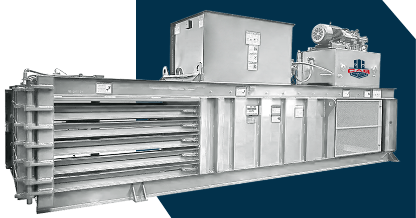A white industrial trash compactor against a dark blue background with the CAB logo on the side.