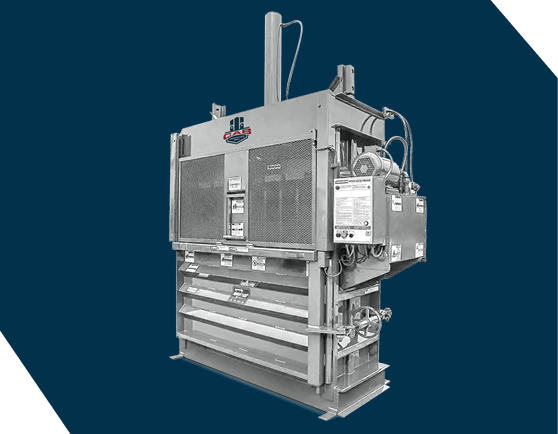 A white industrial trash compactor against a dark blue background with the CAB logo on the side.