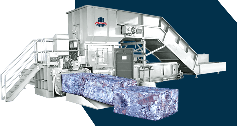 A white industrial trash compactor against a dark blue background with the CAB logo on the side.
