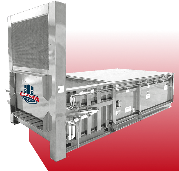 A grey industrial cardboard baler machine against a red and white gradient background.